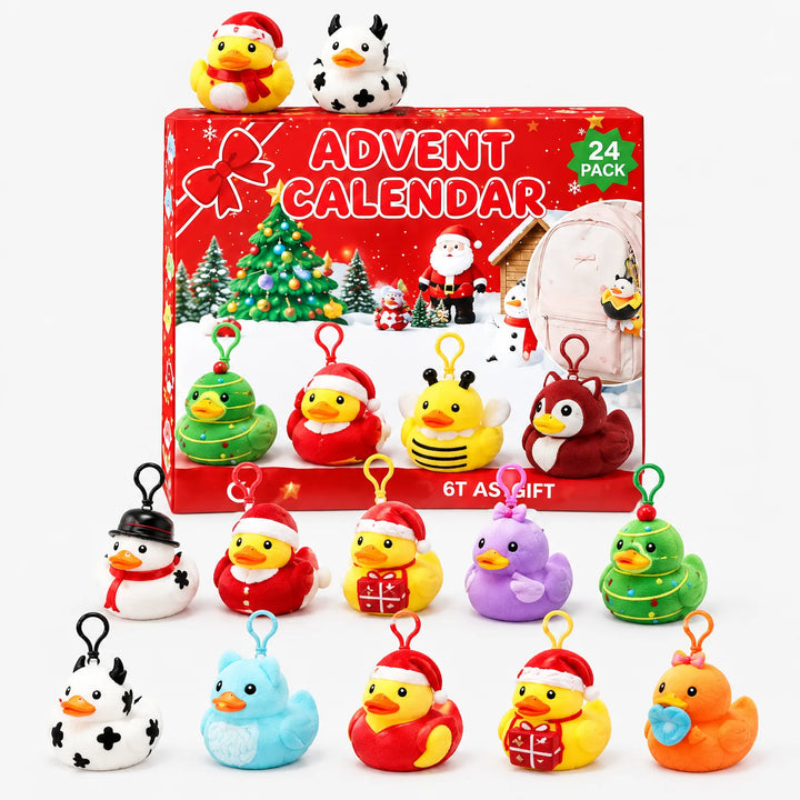 Rode adventsdoos met pluche eendjes met sleutelhangerclips voor de doos, zoals kerstboom-, kerstman-, bijen- en koeienhoedjes, met een rugzakhanger in het kader 5