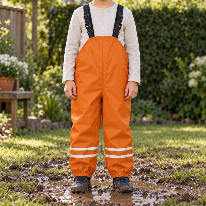 Kind in oranje tuinbroek met reflecterende banden staat in een modderplas in een zonnige tuin, met grijs shirt en vuile schoenen. 1