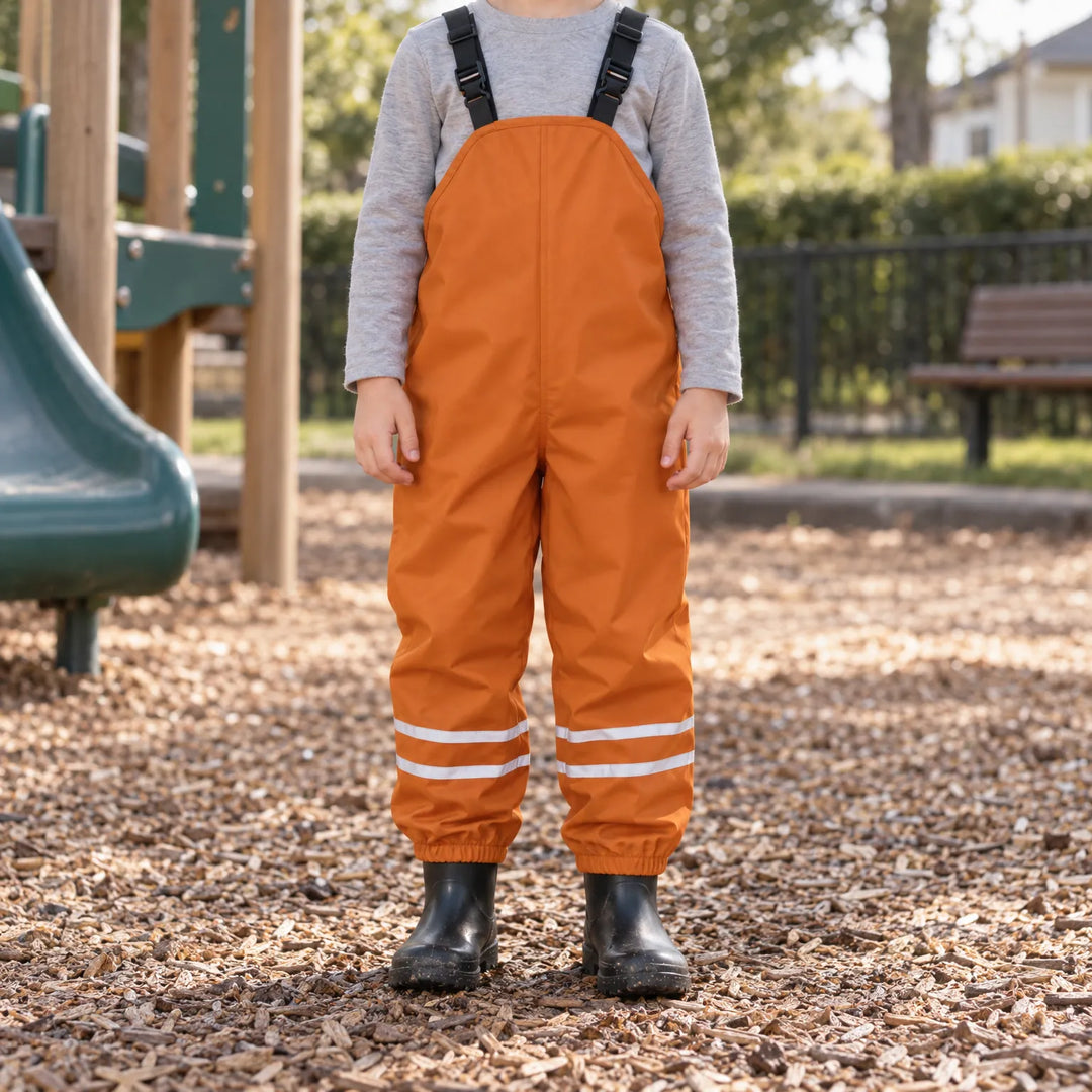 Kind in oranje tuinbroek met verstelbare bretels staat op een speelplaats met houtsnippers, met grijs shirt en zwarte rubberlaarzen. 3