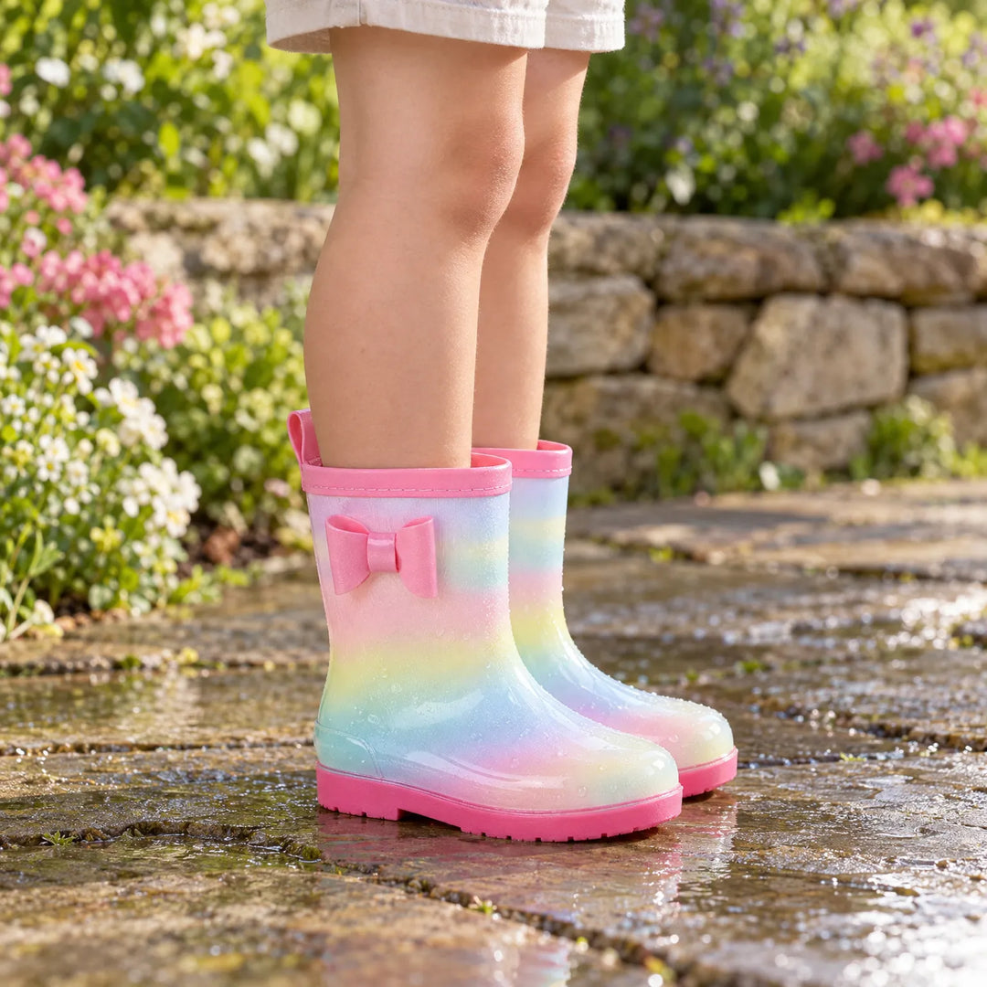 Kind draagt pastelkleurige regenlaarzen met roze strik en roze zool, staand op een natte stenen tuinpad met bloemen. 1