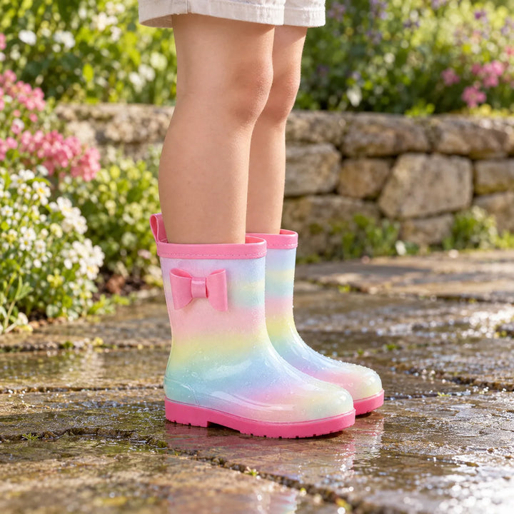 Kind draagt pastelkleurige regenlaarzen met roze strik en roze zool, staand op een natte stenen tuinpad met bloemen. 1