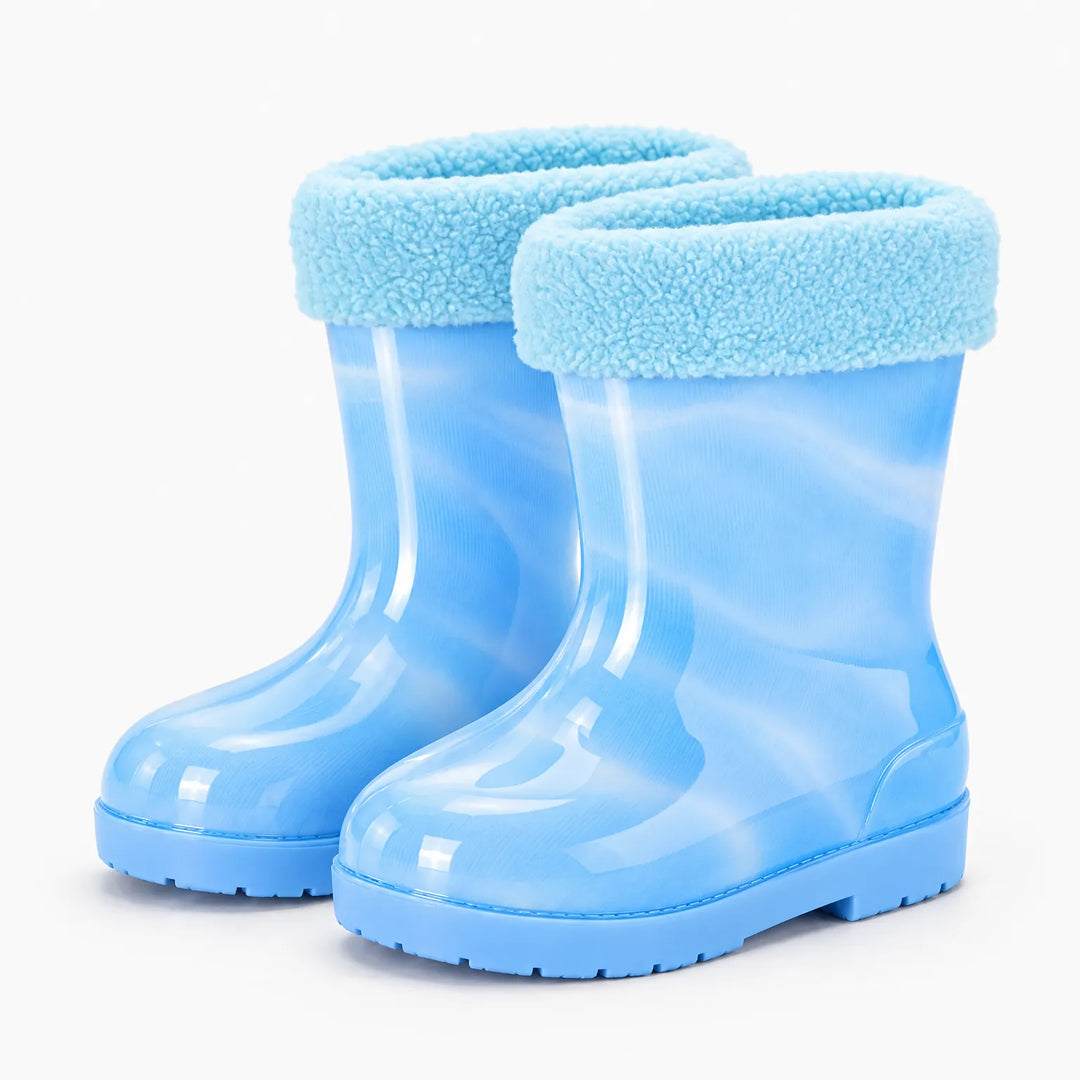 Paar lichtblauwe regenlaarzen met een zachte lichtblauwe pluchen rand aan de schacht en blauwe zool. 12