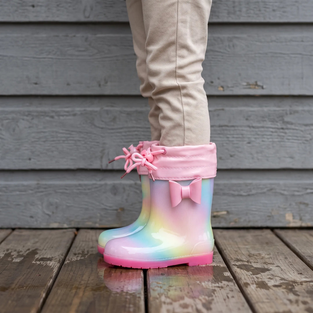 Kind in beige broek draagt regenboogkleurige laarzen met roze strik en roze koord om de stoffen schachtrand, op een houten terras. 3