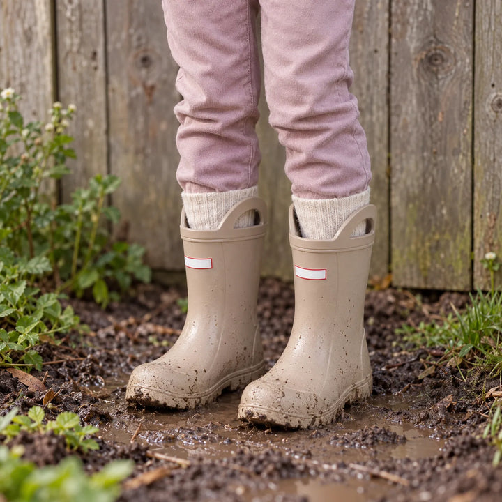 Kind draagt beige, met modder bespatte regenlaarzen met handvatten en witte sokken in een tuin bij een houten schutting. 3
