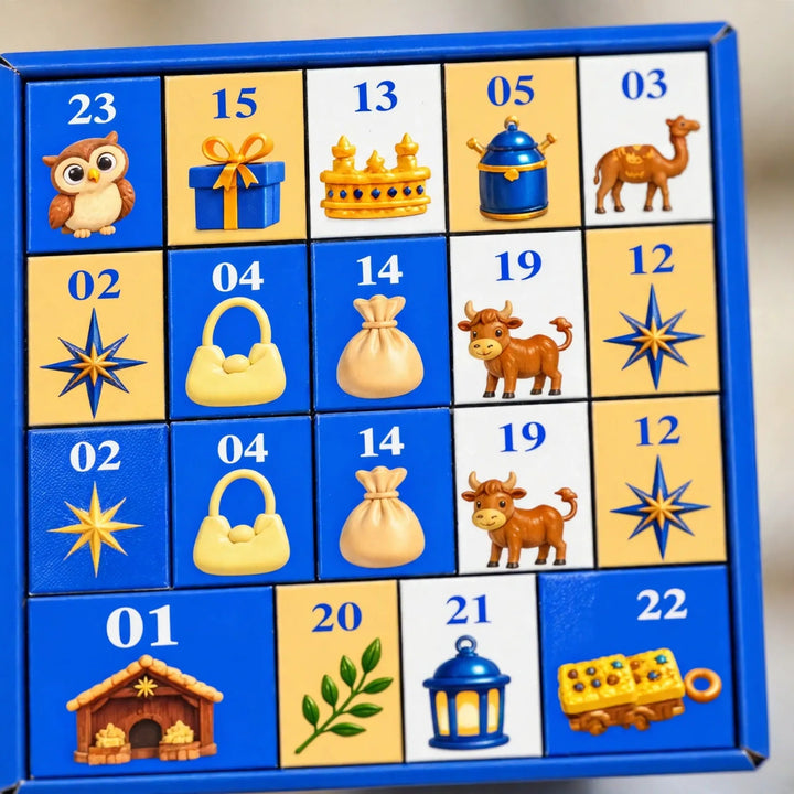 Close-up van de blauwe kalender met genummerde vakjes met afbeeldingen van een uil, os, kameel en lantaarn 3