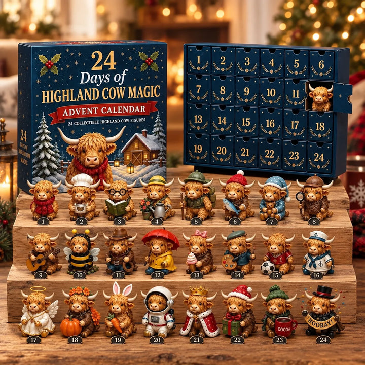 Adventskalender met Schotse hooglanderkoeien: gesloten doos, geopend kalenderfront met genummerde vakjes en 24 verklede figuurtjes op houten treden voor kerstli 1