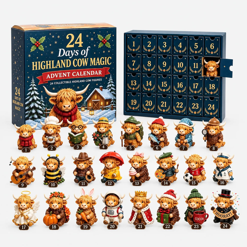 Dezelfde hooglanderkoeien-adventskalender op een witte achtergrond: verpakking, open vakjes met een koetje erin en alle 24 verklede figuurtjes in drie rijen. 2