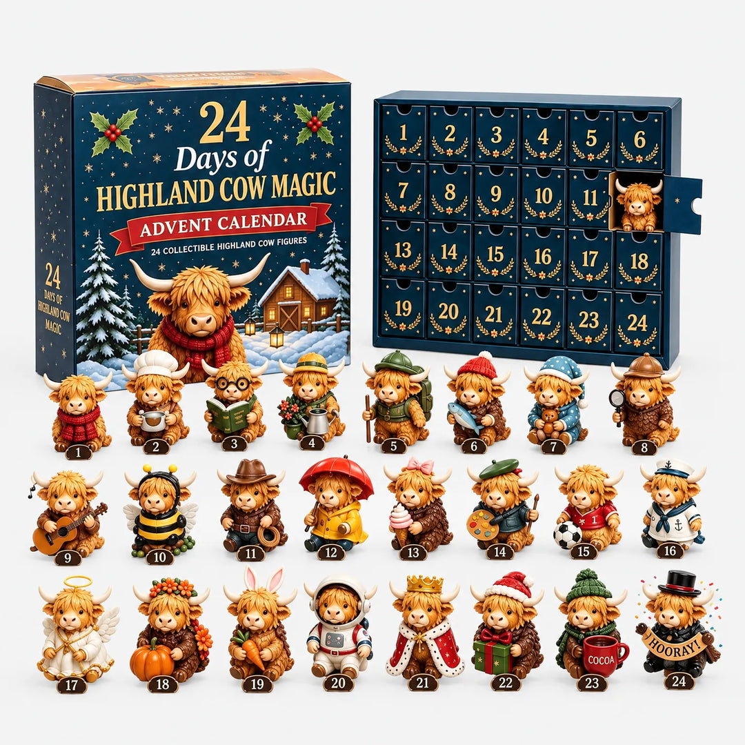 Dezelfde hooglanderkoeien-adventskalender op een witte achtergrond: verpakking, open vakjes met een koetje erin en alle 24 verklede figuurtjes in drie rijen. 2