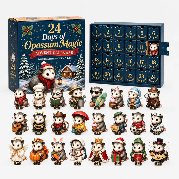 Tweede opossum-adventskalender op wit, iets groter gefotografeerd, met doos, genummerde vakjes en 24 verklede opossumfiguurtjes, waaronder een astronaut, een ko 4