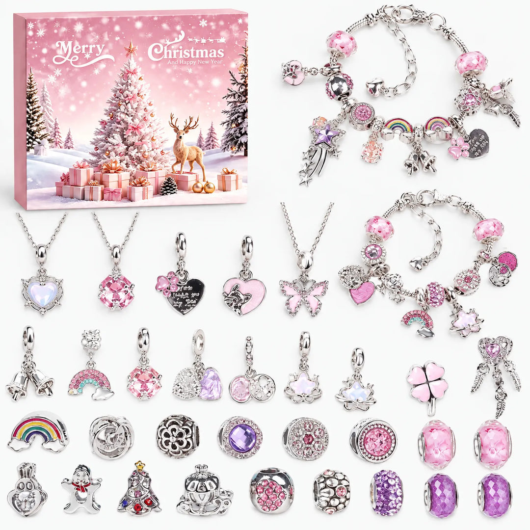Roze adventskalenderdoos met besneeuwd kerstlandschap, twee roze armbanden, drie kettingen en een uitgestalde collectie roze en paarse bedels en kralen. 6