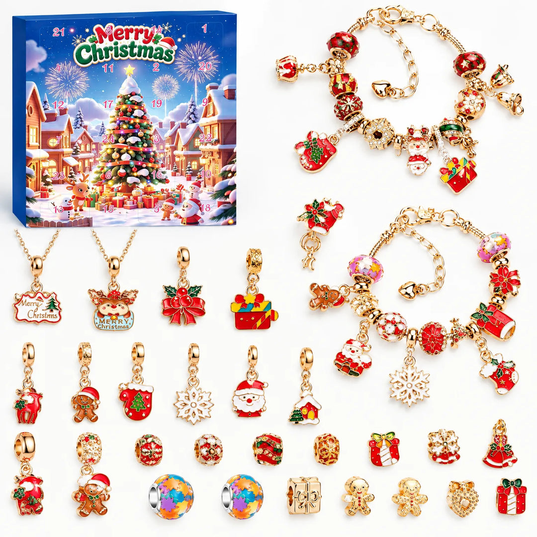 Blauwe adventskalenderdoos met kerstdorp, twee goudkleurige armbanden met rood-wit emaille kerstbedels, twee kettingen en alle losse bedels en kralen. 7