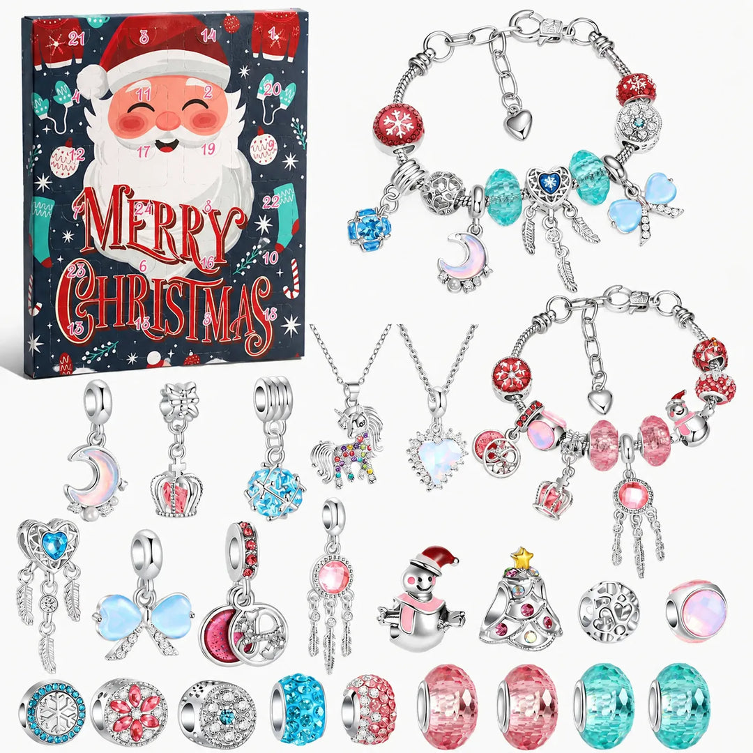 Donkere adventskalenderdoos met lachende kerstman, twee zilverkleurige armbanden in roze, turquoise en rood, twee kettingen en losse bedels, sneeuwpop en kerstb 9