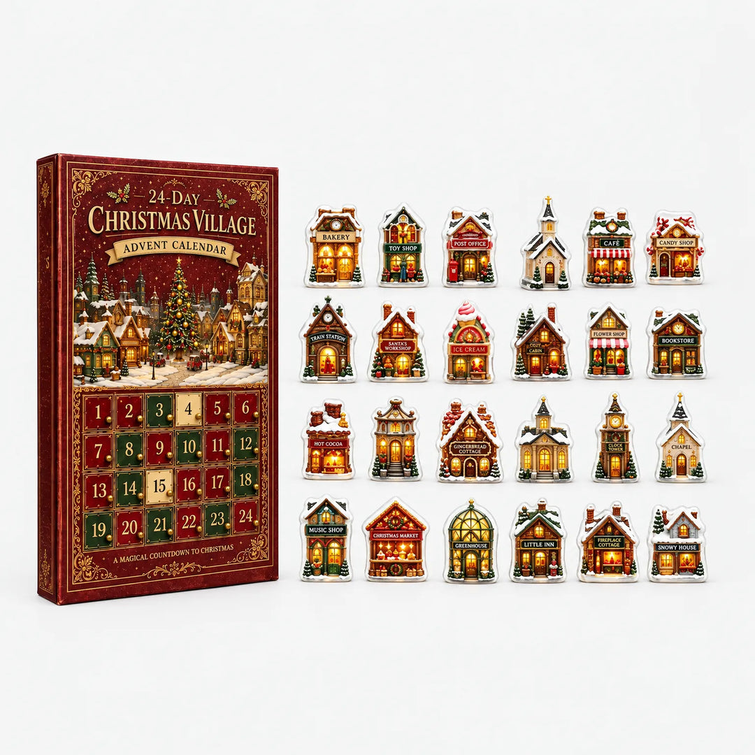 Rode adventskalender met genummerde vakjes naast alle 24 kleine dorpshuisjes, netjes in vier rijen op een witte achtergrond uitgestald. 2
