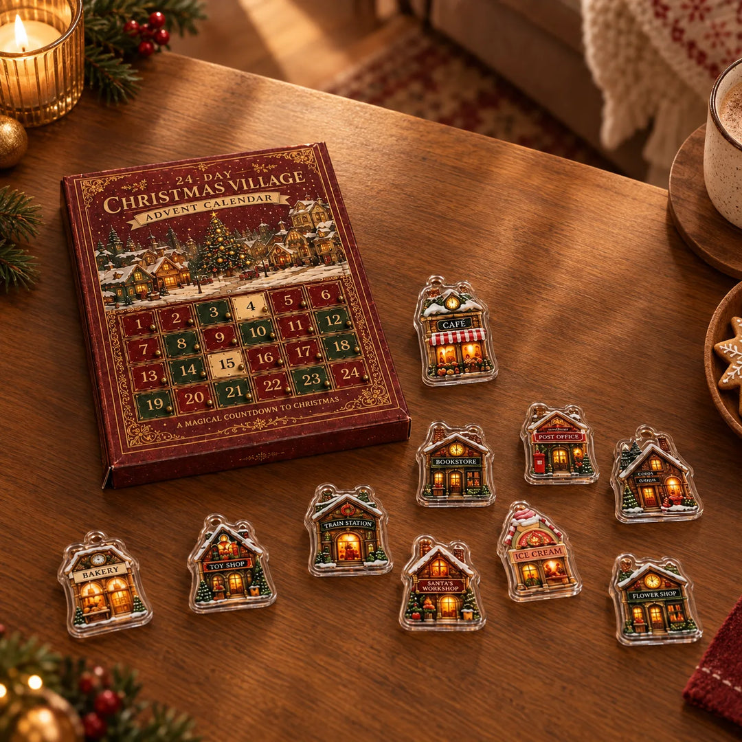 Adventskalender op een houten tafel met tien huisjes in doorzichtig acryl met oogje, omringd door kaarslicht, dennentakken en een kop warme chocolademelk. 3