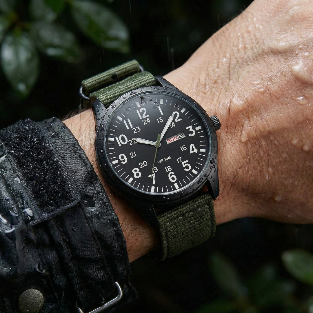 Close-up van het horloge om een natte pols met regendruppels op de zwarte wijzerplaat en de groene stoffen band. 3