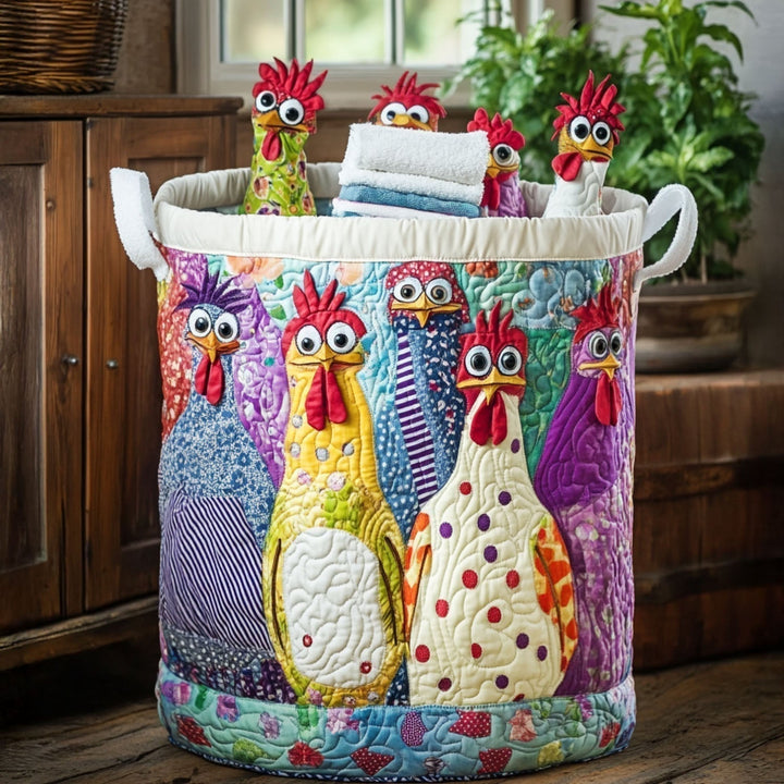 Ronde gewatteerde mand met kleurrijke patchwork kippen en witte handgrepen, gevuld met handdoeken en speelgoedkippen, naast een houten kast en plant. 1