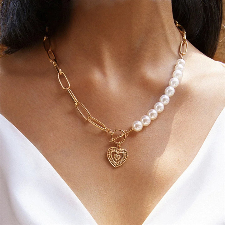 Gouden Hartketting met Parelaccenten - Veerle