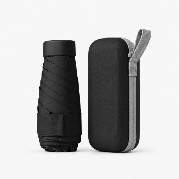 Dichtgevouwen zwarte paraplu naast het zwarte etui met lichtgrijs polsbandje en rits. 12