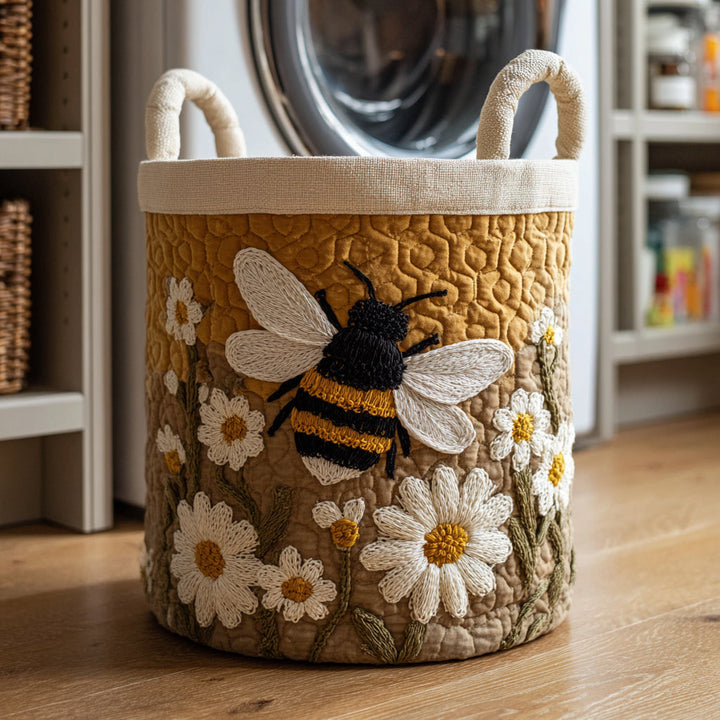 Voorkant van de gewatteerde mand met geborduurde bij en madeliefjes, staand op een houten vloer voor een wasmachine. 1
