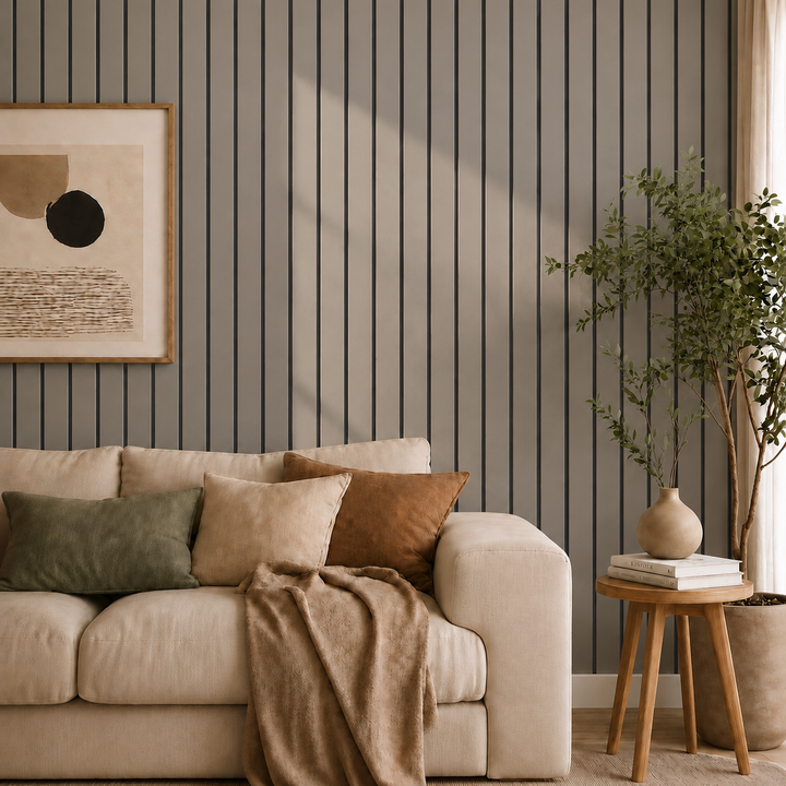 Taupegrijs lattenpaneel in de woonkamer achter een beige bank, schilderij en plant 25