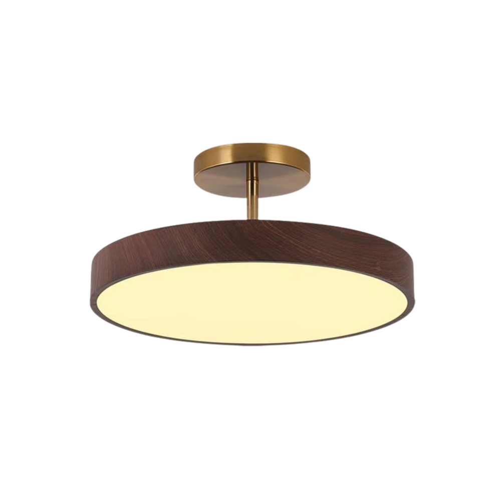 Ronde plafondlamp met donkere houtlook rand en gouden steun, brandend op een neutrale witte achtergrond. 2