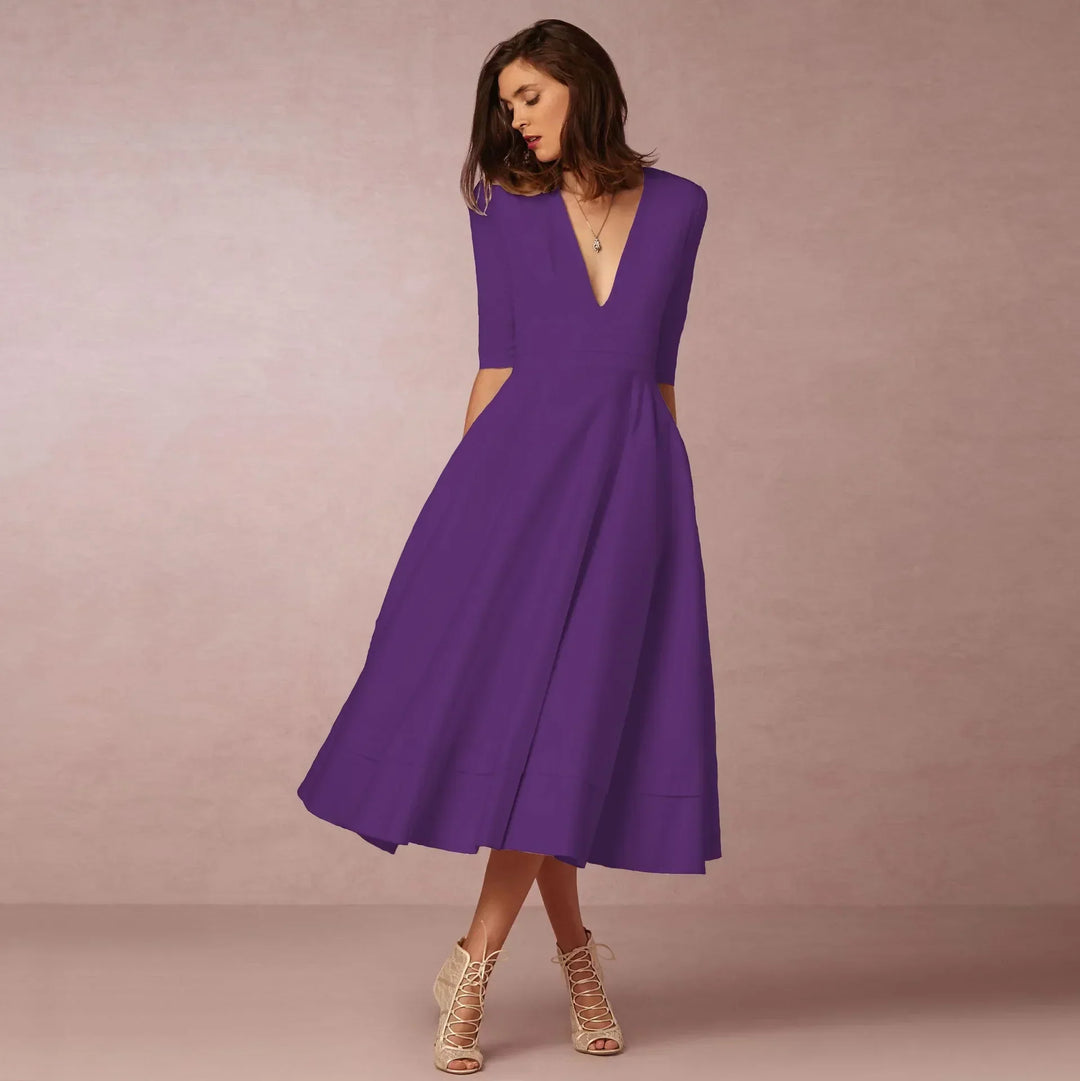Deep V-Neck Midi Occasion Dress - Sophie