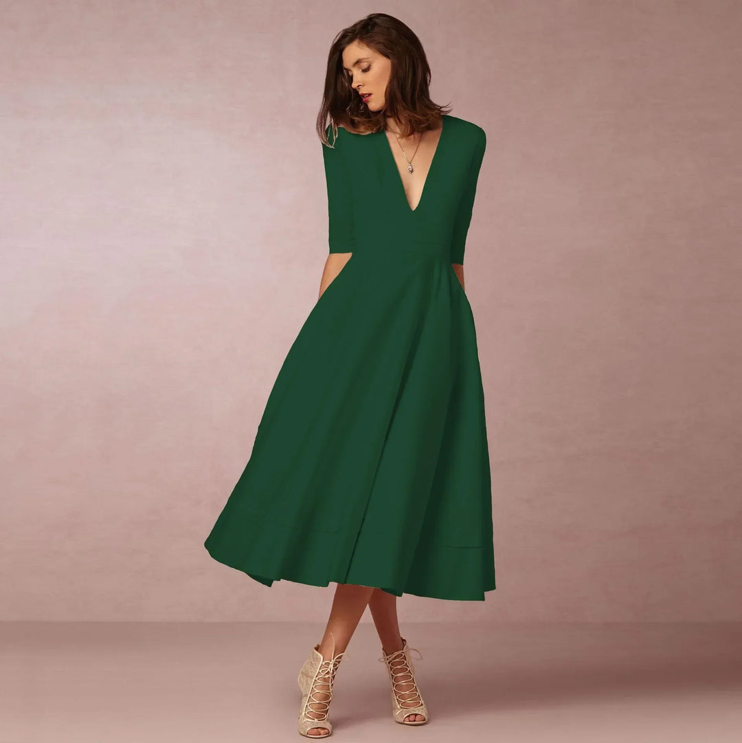 Deep V-Neck Midi Occasion Dress - Sophie