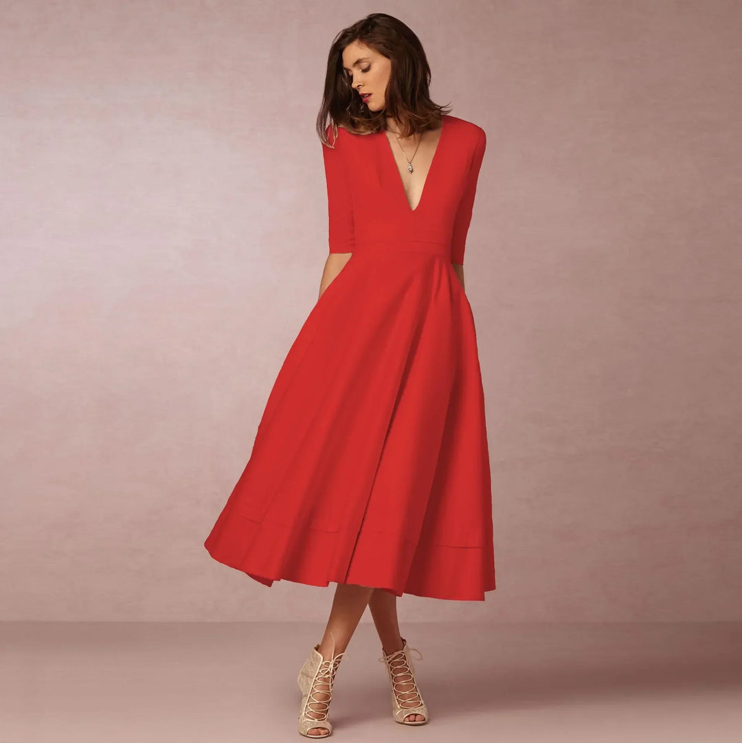 Deep V-Neck Midi Occasion Dress - Sophie
