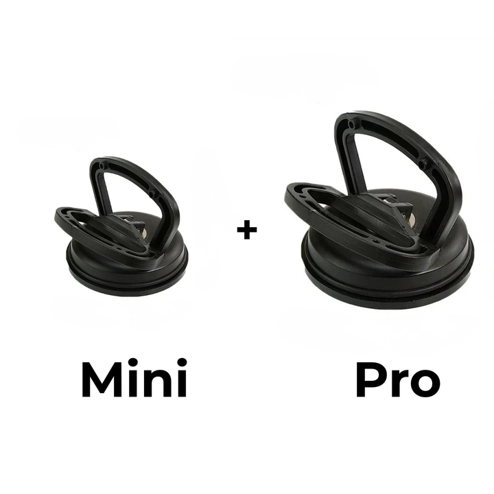 Zwarte mini-zuignap naast een grotere zwarte pro-zuignap, samen als set weergegeven om het formaatverschil te laten zien. 11