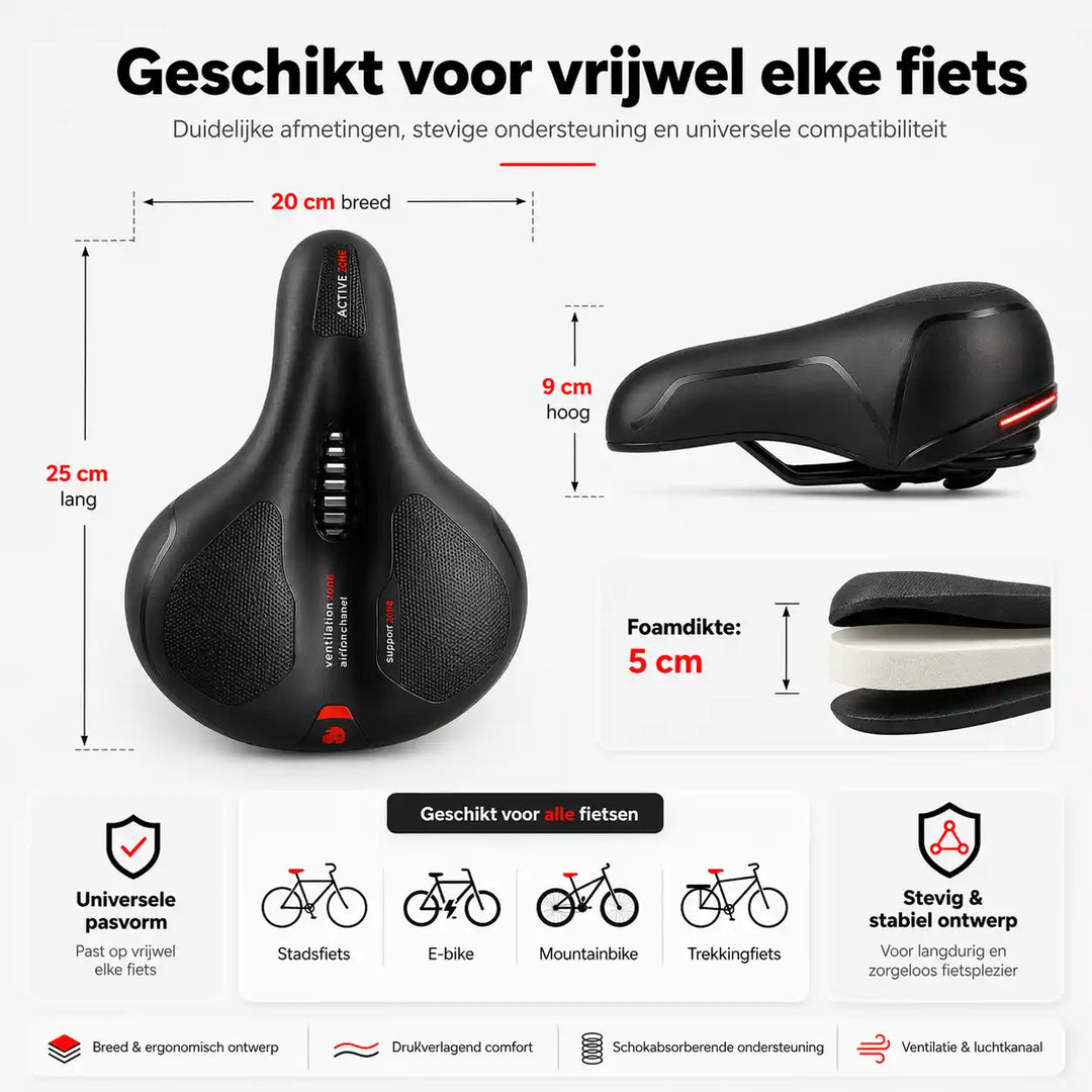 Afmetingenoverzicht van het zadel: 20 cm breed, 25 cm lang, 9 cm hoog, 5 cm schuimdikte, met pictogrammen van fietstypes. 17
