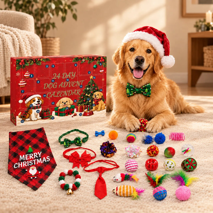 Rode adventskalender naast een glimlachende golden retriever met kerstmuts en strikje, met ervoor speeltjes, strikjes en een geruite sjaal op een zacht tapijt. 1