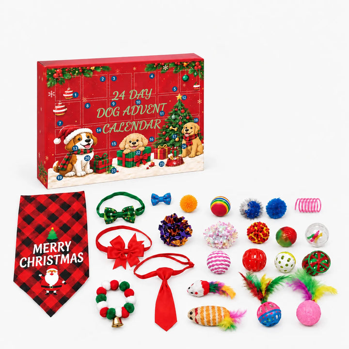 Rode kalenderdoos met alle bijbehorende items uitgestald op een witte achtergrond: geruite sjaal, strikjes, stropdas, ballen, veertjesspeeltjes en muisjes. 2