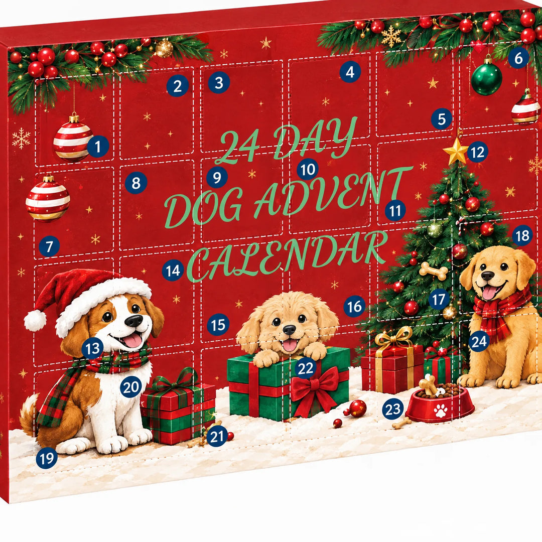 Close-up van de voorkant van de rode kalenderdoos met 24 genummerde vakjes en getekende kerstboom, cadeaus en drie vrolijke puppy's. 3