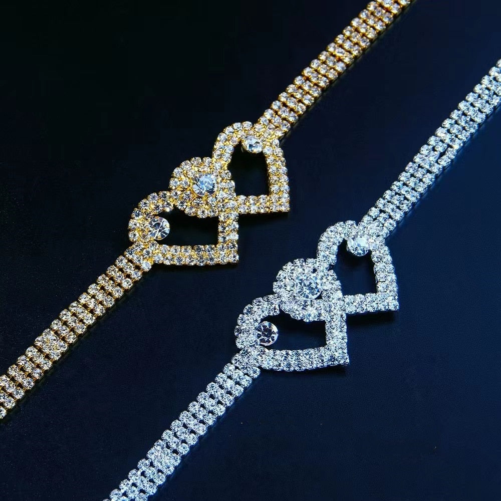 Double Heart Rhinestone Ankle Bracelet - Tricia