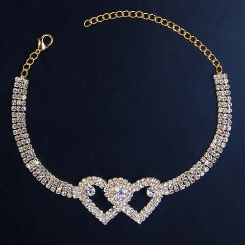 Double Heart Rhinestone Ankle Bracelet - Tricia