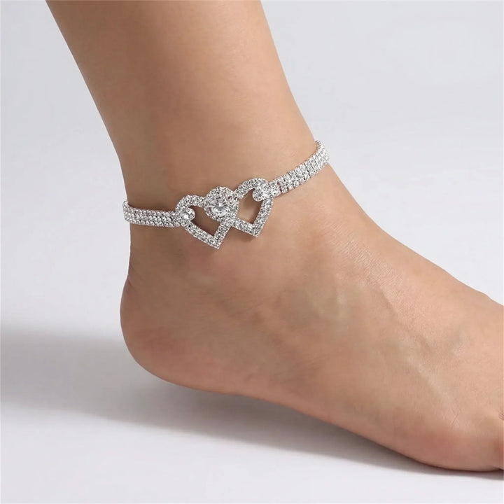 Double Heart Rhinestone Ankle Bracelet - Tricia