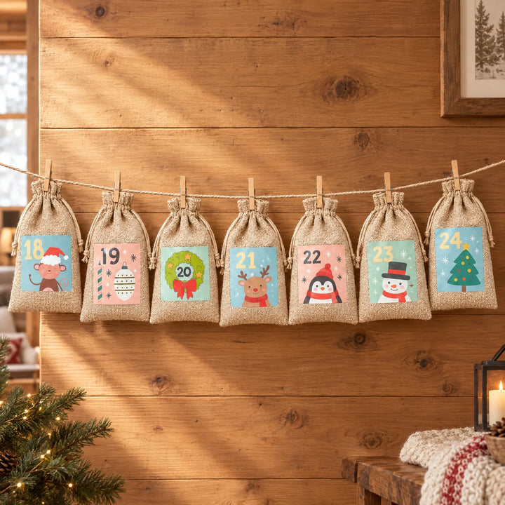 Zeven jutezakjes met gekleurde kerstplaatjes en nummers 18 tot 24 hangen met houten knijpers aan een touw tegen een houten wand. 1