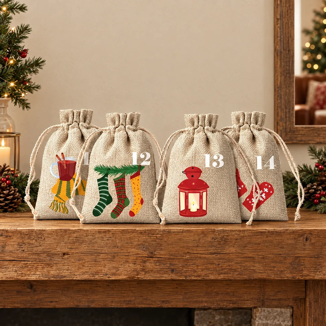 Vier jutezakjes met trekkoord op een houten schouw, versierd met kerstprintjes zoals sokken en een rode lantaarn, tussen dennentakken en kaarslicht. 1