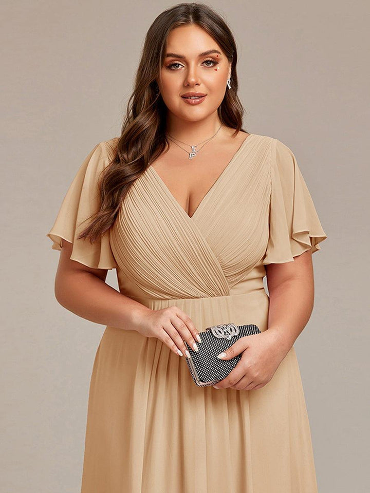Chiffon jurk voor een bruiloftsgast met een asymmetrische zoom, V-hals en korte mouwen 155