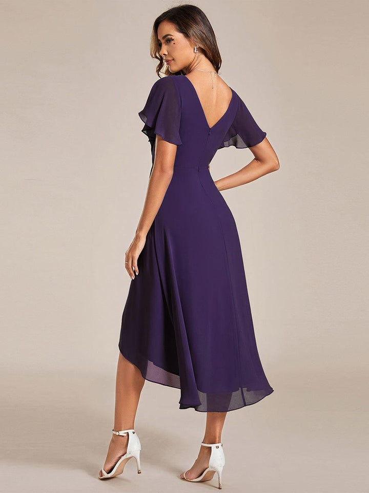 Chiffon jurk voor een bruiloftsgast met een asymmetrische zoom, V-hals en korte mouwen 117