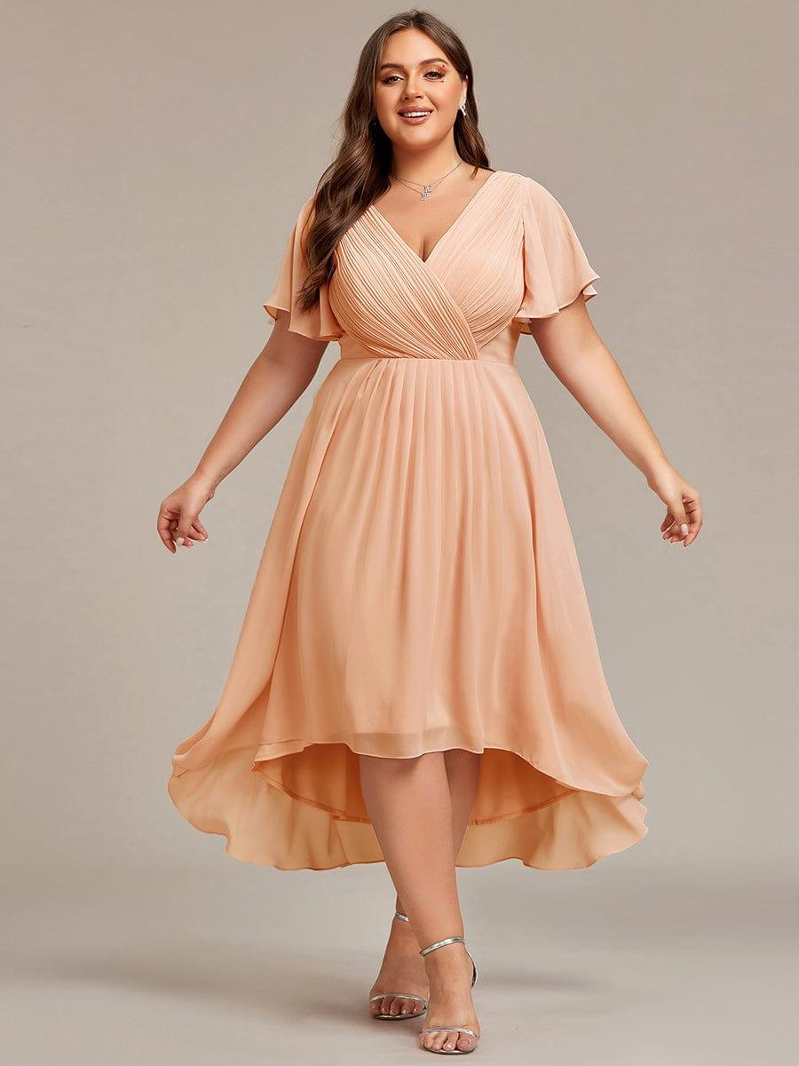 Chiffon jurk voor een bruiloftsgast met een asymmetrische zoom, V-hals en korte mouwen 143