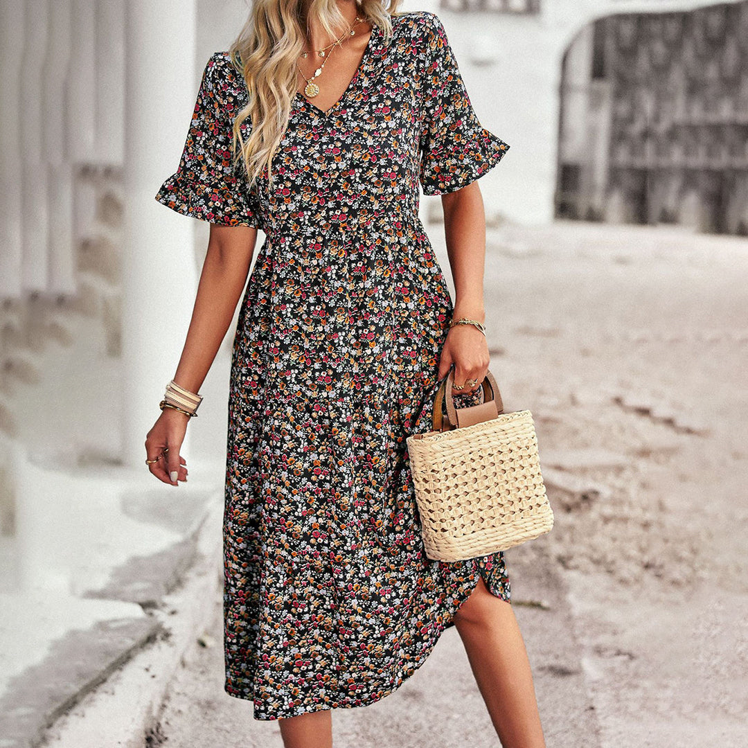 Trendy Floral Print Midi Dress - Livia
