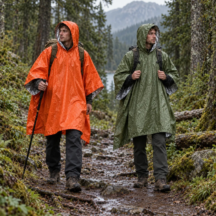 Twee wandelaars lopen in de regen over een bospad, de een in een oranje en de ander in een groene poncho. 3