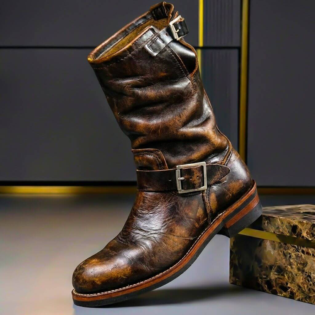 Men's Genuine Leather Engineer Boots - Buckle Mid-Calf Boots for Fall Winter 4