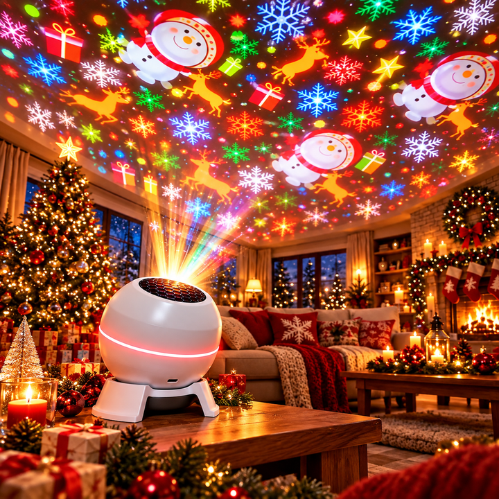 Close-up van de witte projector met lichtgevende rand op een tafel, met stralende kleuren en feestmotieven op het plafond erboven. 4