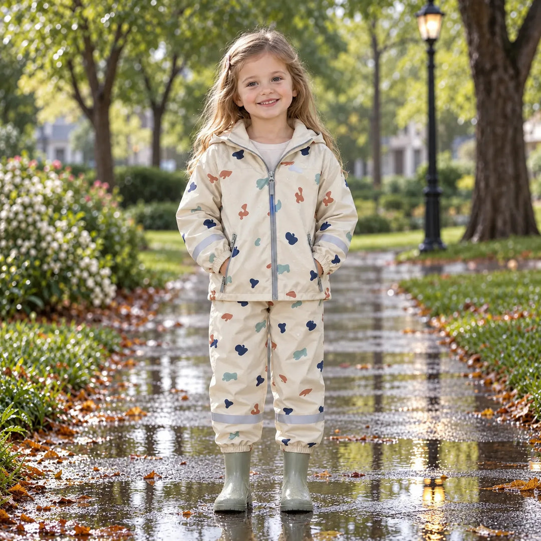 Lachend meisje staat met handen in de jaszakken in een park met plassen, gekleed in de regenset met reflecterende banden en laarzen. 3