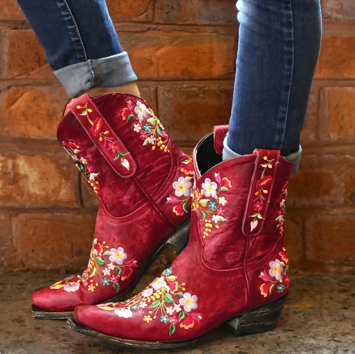 Floral Embroidered Western Ankle Boot - Lisa