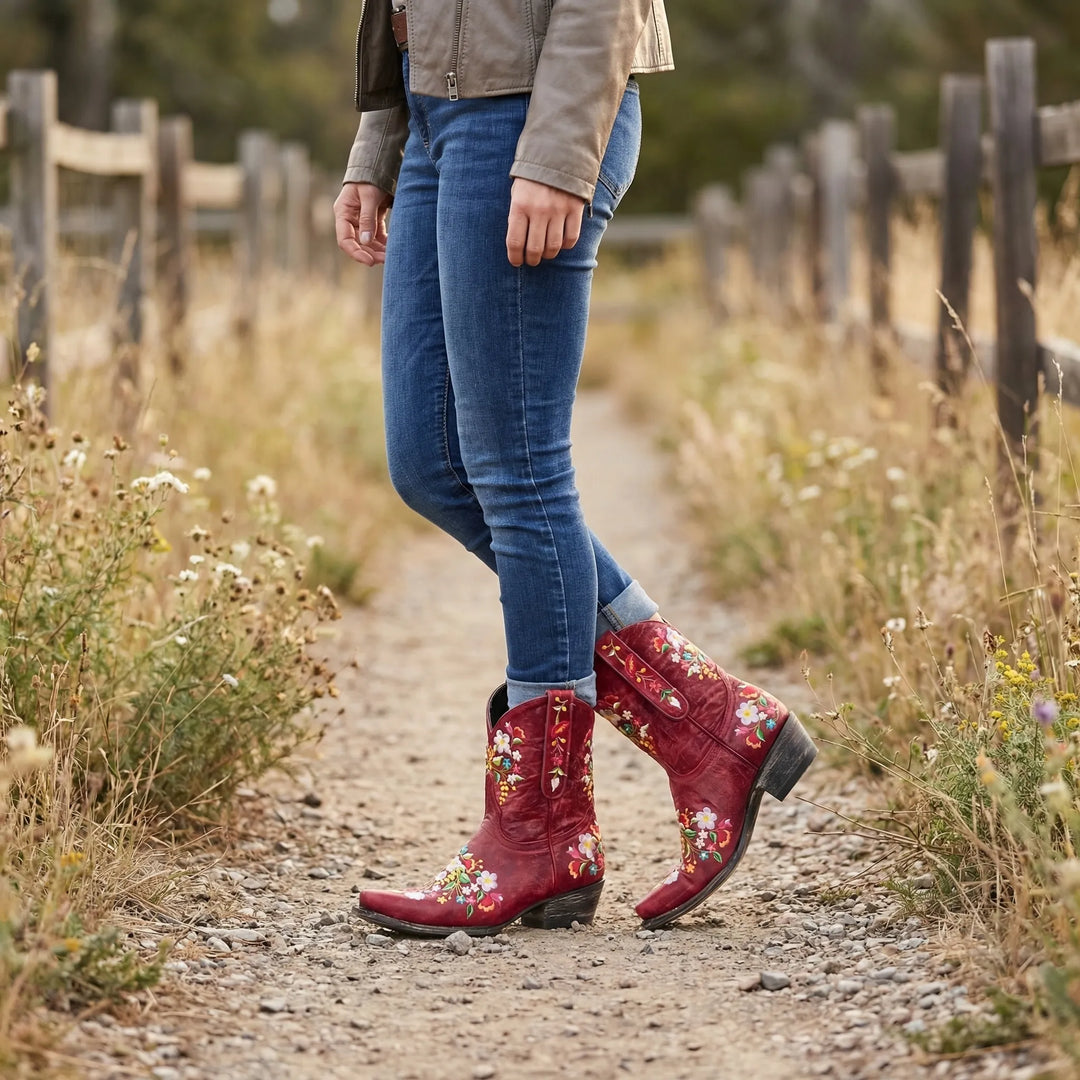 Floral Embroidered Western Ankle Boot - Lisa