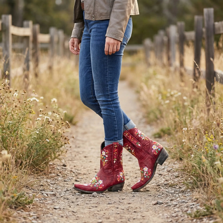 Floral Embroidered Western Ankle Boot - Lisa