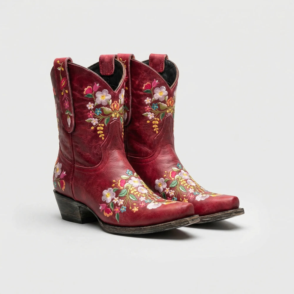 Floral Embroidered Western Ankle Boot - Lisa
